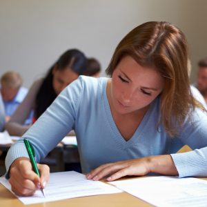 Vrouw met blauwe trui vult een schriftelijk examen in. Deze afbeelding wordt gebruikt bij de strategische tips voor het aanpakken van een schriftelijk examen.
